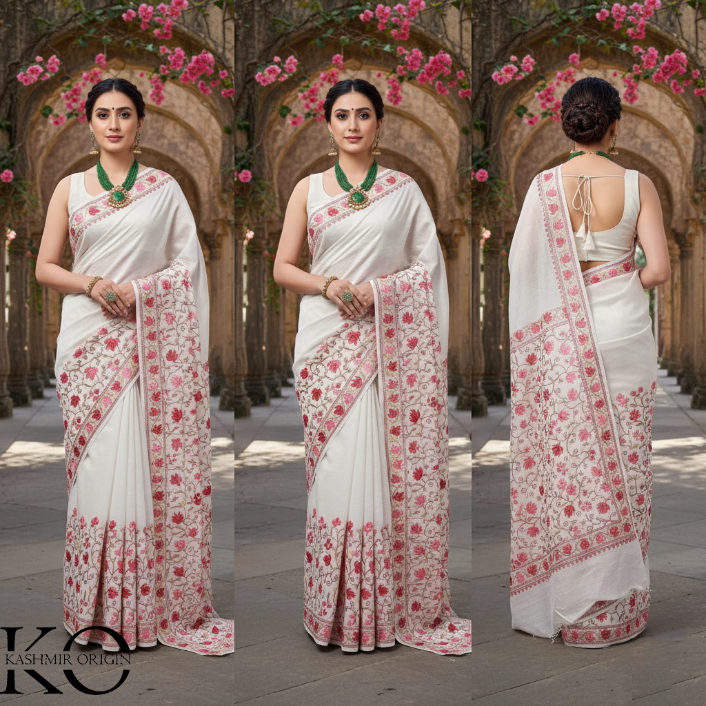 White Chinar design Aari Embroidered Silk Saree