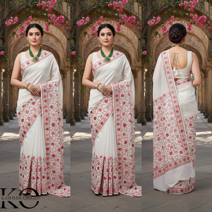 White Chinar design Aari Embroidered Silk Saree