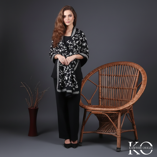 Black Base Folral Design Aari Embroidery Woolen Shawl | Stole