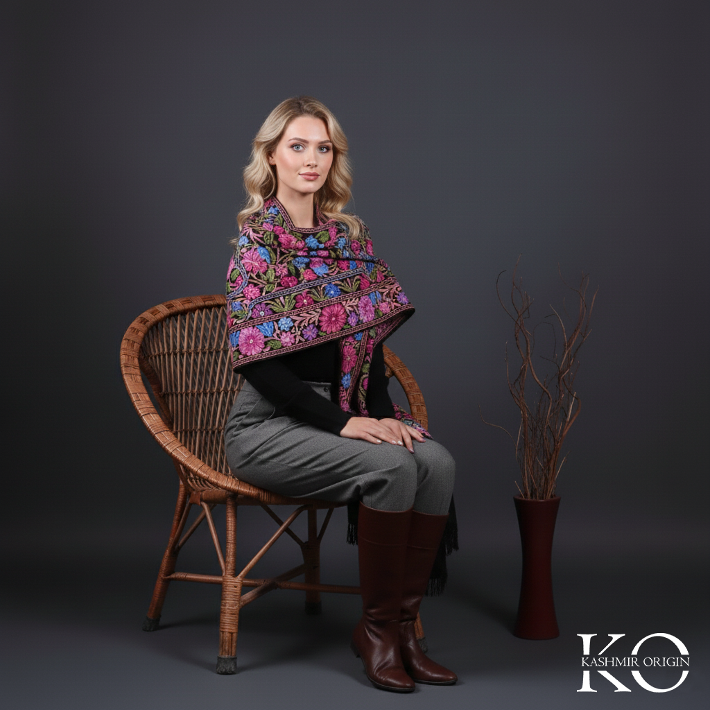 Black Base Jamawar Folral Design Aari Embroidery Woolen Shawls