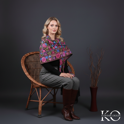 Black Base Jamawar Folral Design Aari Embroidery Woolen Shawls