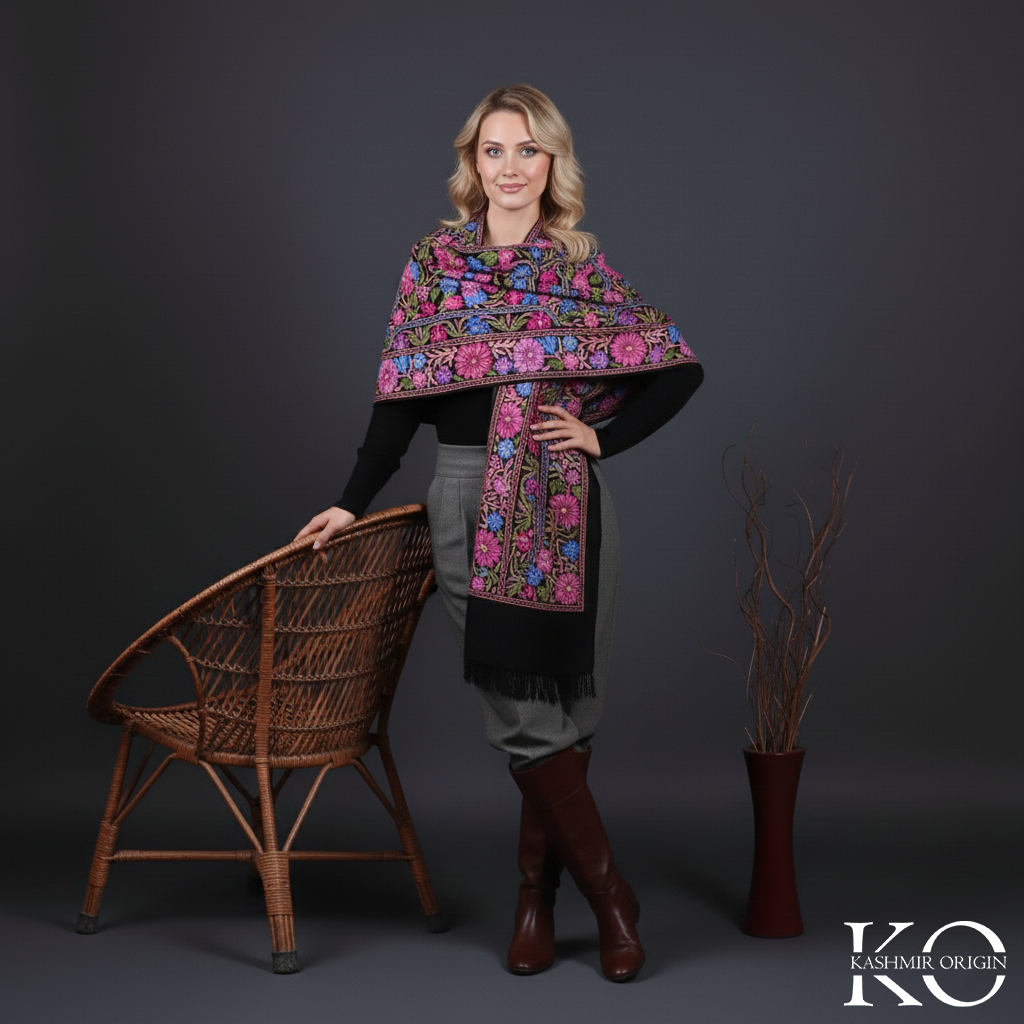 Black Base Jamawar Folral Design Aari Embroidery Woolen Shawls