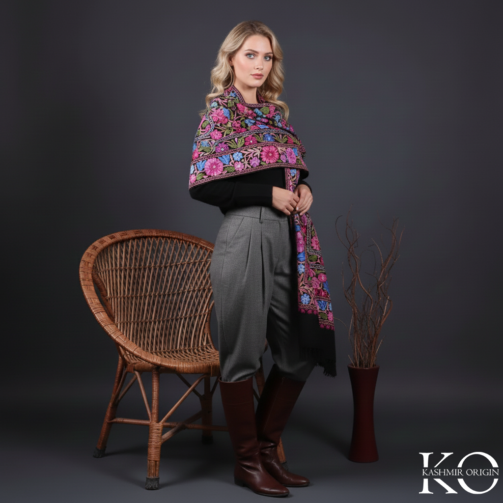 Black Base Jamawar Folral Design Aari Embroidery Woolen Shawls