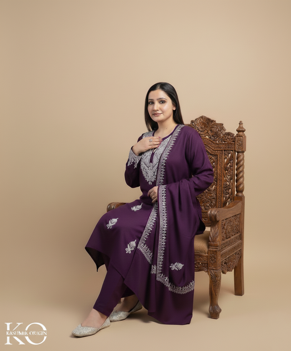 Purple Aari Embroidered Woolen Co ord Set With Shawl