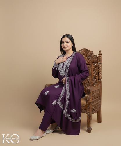 Purple Aari Embroidered Woolen Co ord Set With Shawl