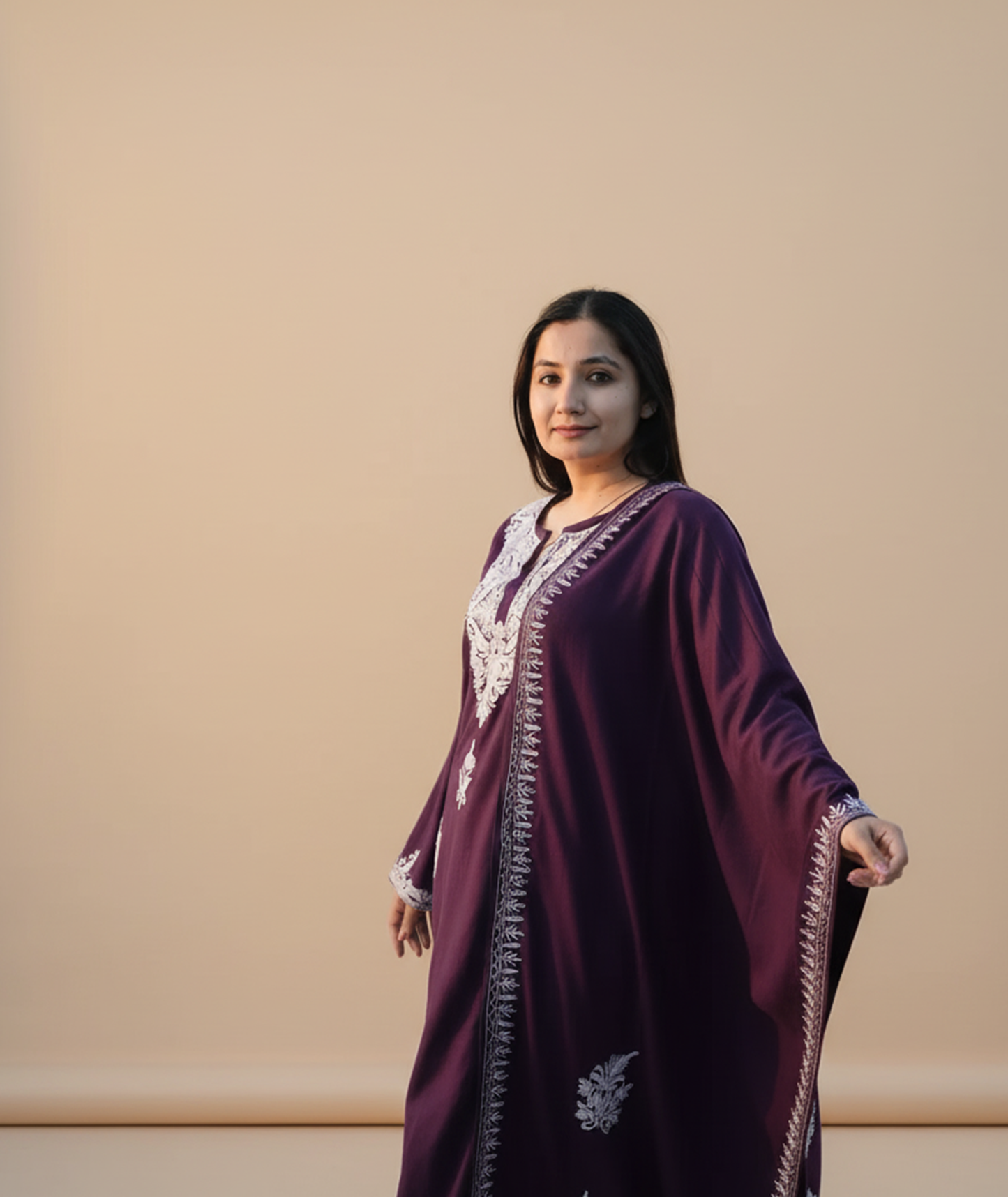 Purple Aari Embroidered Woolen Co ord Set With Shawl