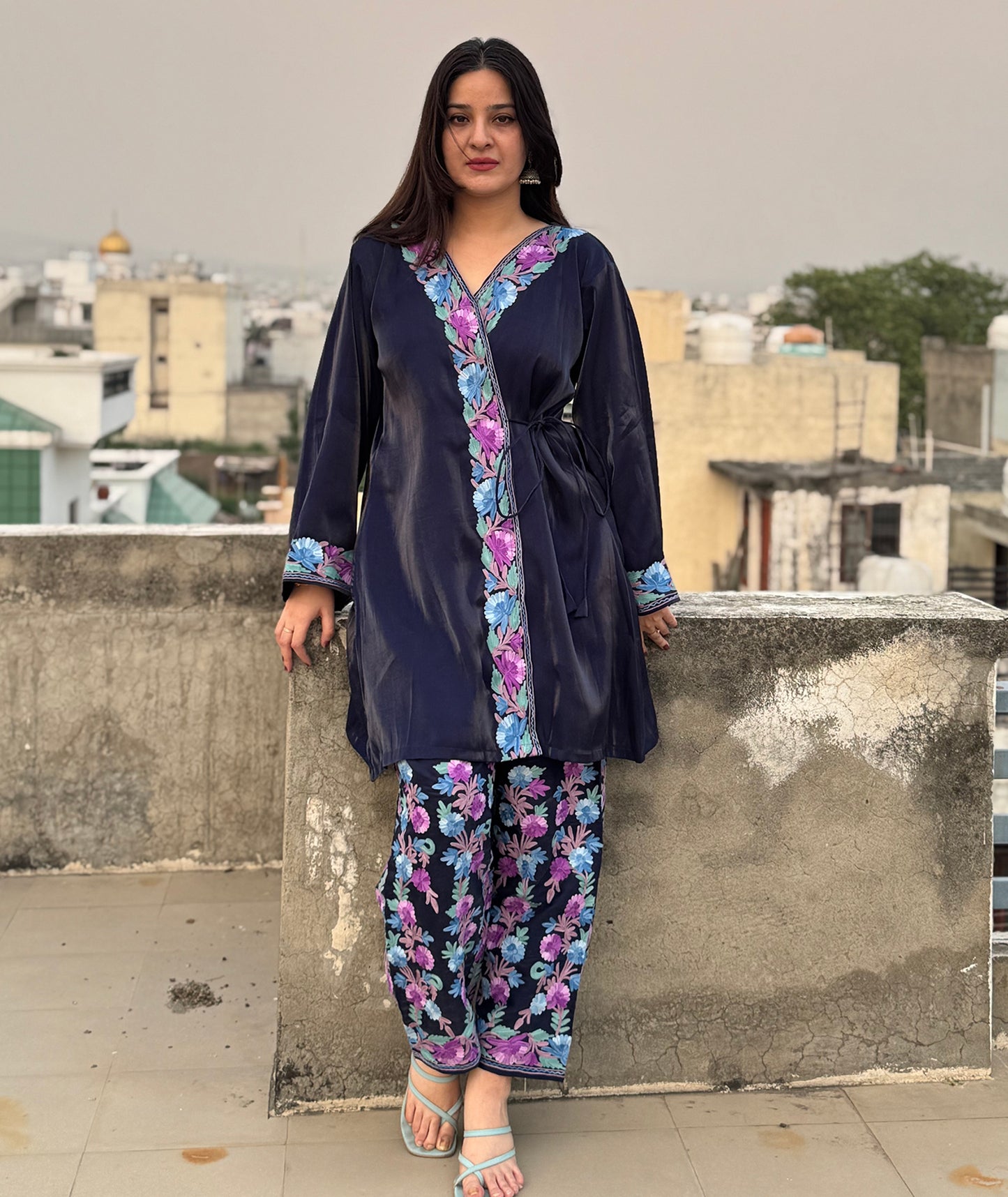 Navy Blue Aari Embroidered Shimmer Dooridar Co Ord set