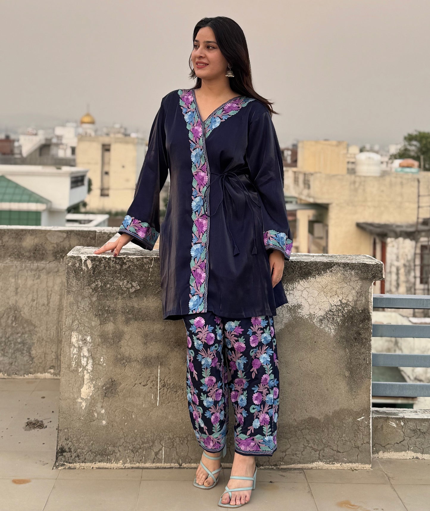 Navy Blue Aari Embroidered Shimmer Dooridar Co Ord set