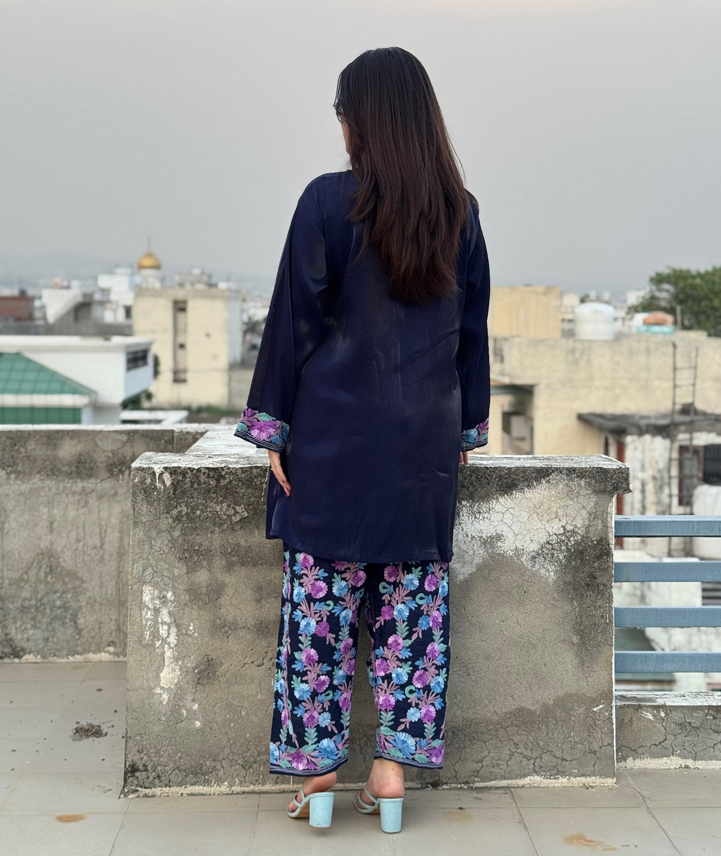 Navy Blue Aari Embroidered Shimmer Dooridar Co Ord set