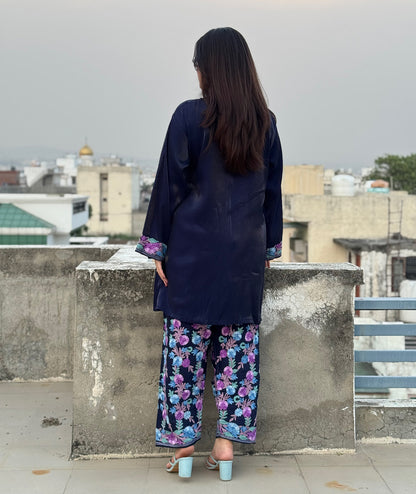 Navy Blue Aari Embroidered Shimmer Dooridar Co Ord set