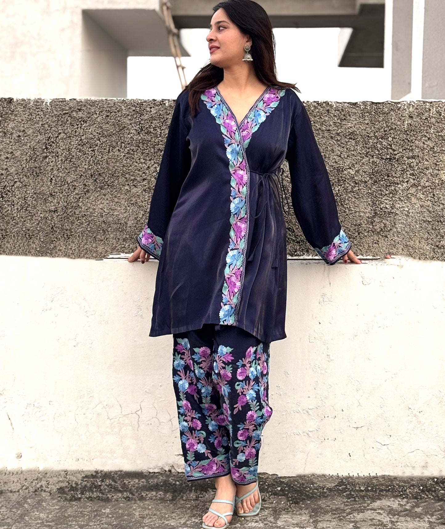Navy Blue Aari Embroidered Shimmer Dooridar Co Ord set