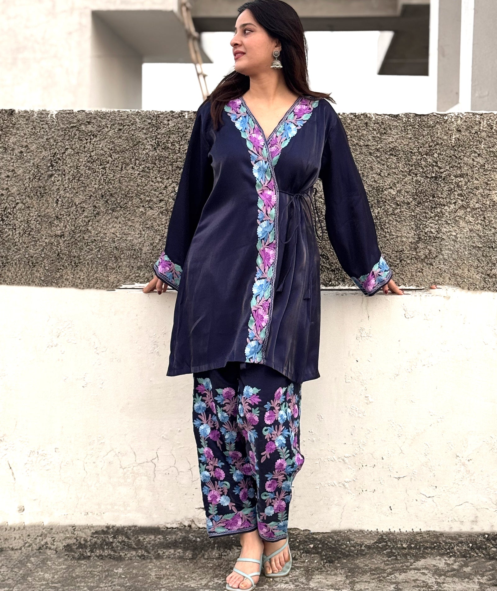 Navy Blue Aari Embroidered Shimmer Dooridar Co Ord set