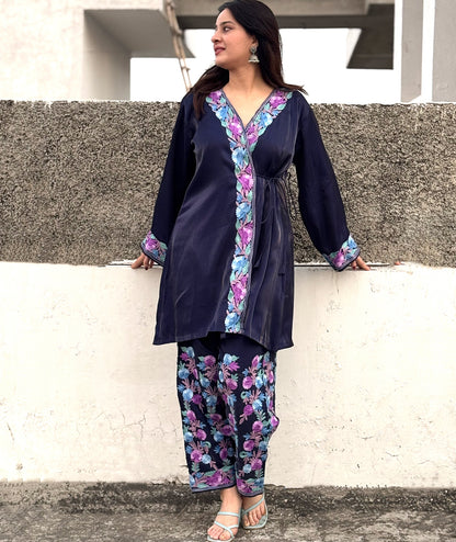 Navy Blue Aari Embroidered Shimmer Dooridar Co Ord set