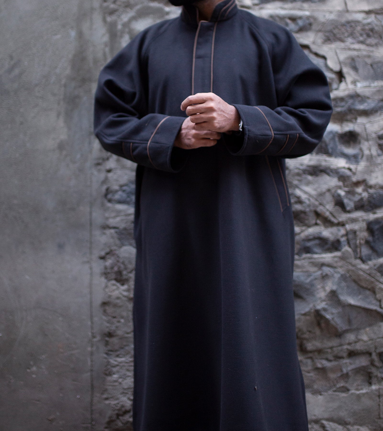 Black Fleece wool Mandarin Collar Kashmiri Pheran | Men's Phiran | Woolen Pherans