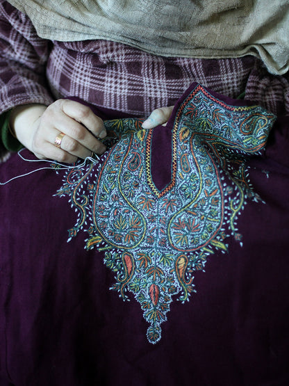 Kashmiri Hand Sozni Embroidered Wine Woolen Pheran | Hand Needle Work | Kashmiri handsozni Work