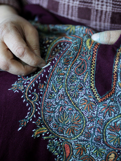 Kashmiri Hand Sozni Embroidered Wine Woolen Pheran | Hand Needle Work | Kashmiri handsozni Work