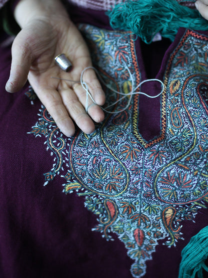 Kashmiri Hand Sozni Embroidered Wine Woolen Pheran | Hand Needle Work | Kashmiri handsozni Work