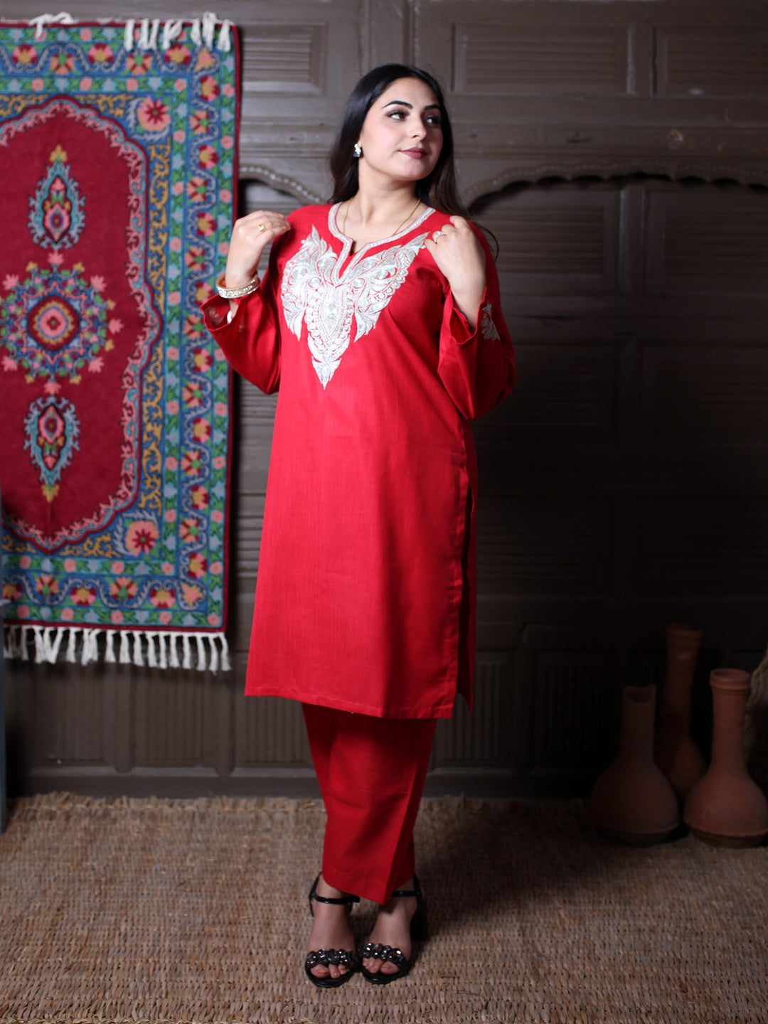 Red Tilla Suit Full View | Kashmiri Cotton Co-Ord Set for Women