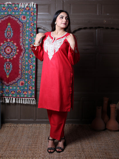 Red Tilla Suit Full View | Kashmiri Cotton Co-Ord Set for Women