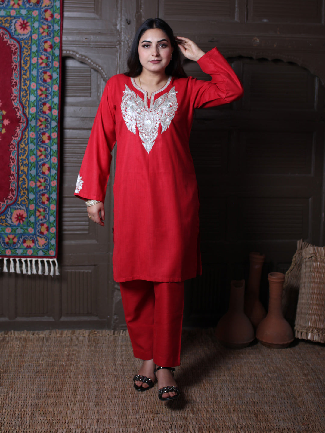 Traditional Kashmiri Tilla Coord Set in Red | Handcrafted Embroidery by Artisans