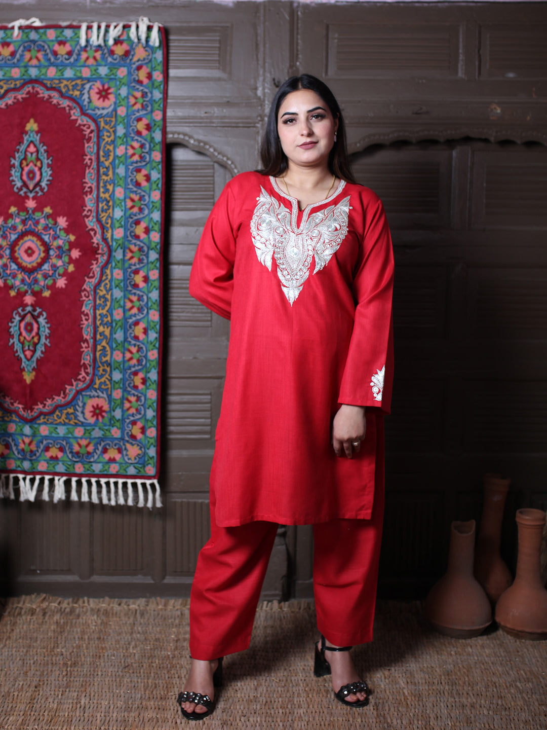 Close-up Tilla Embroidery Detail | Red Kashmiri Co-Ord Set Silver Thread Work