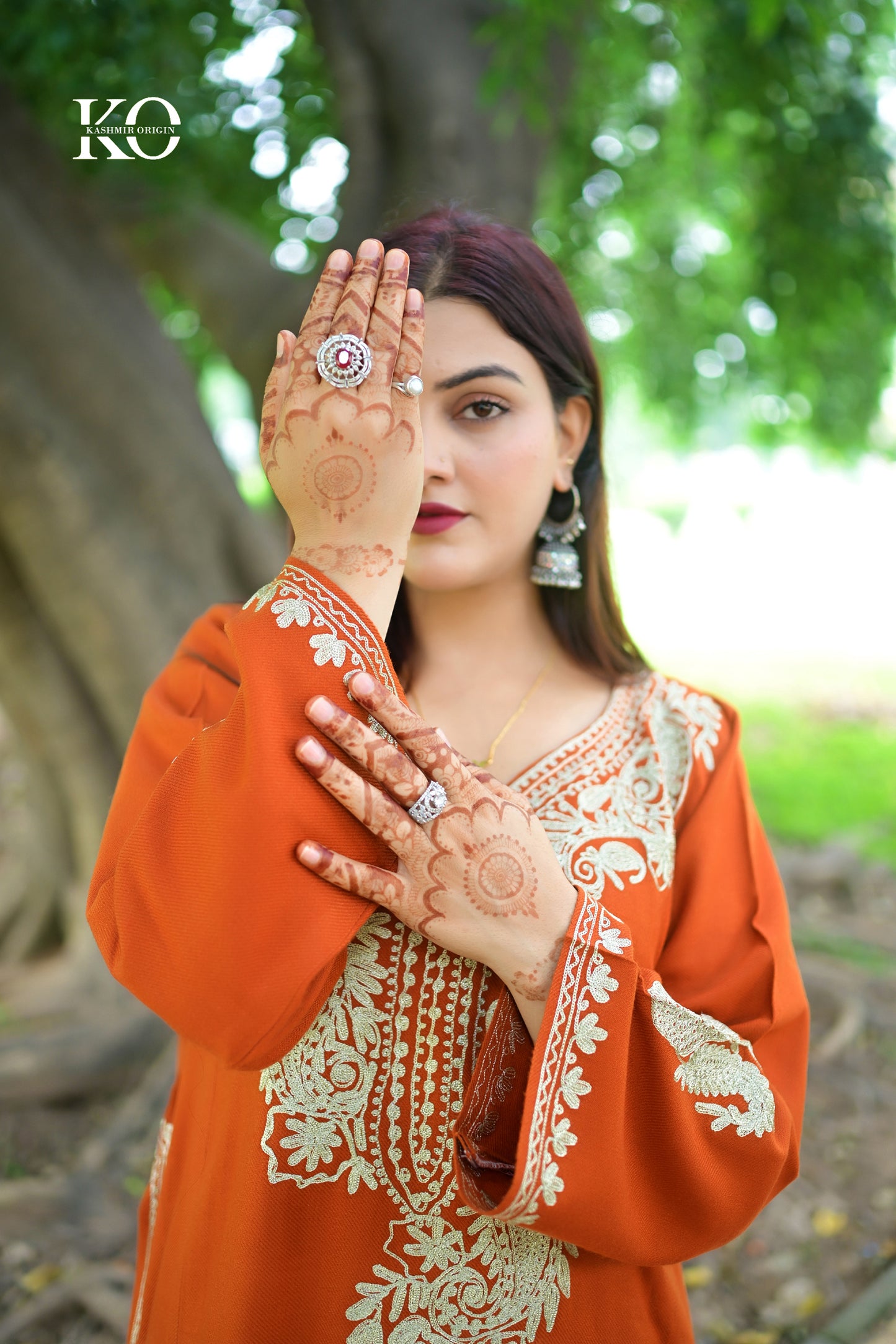 Neck Design Zari Embroidered Rust Pheran