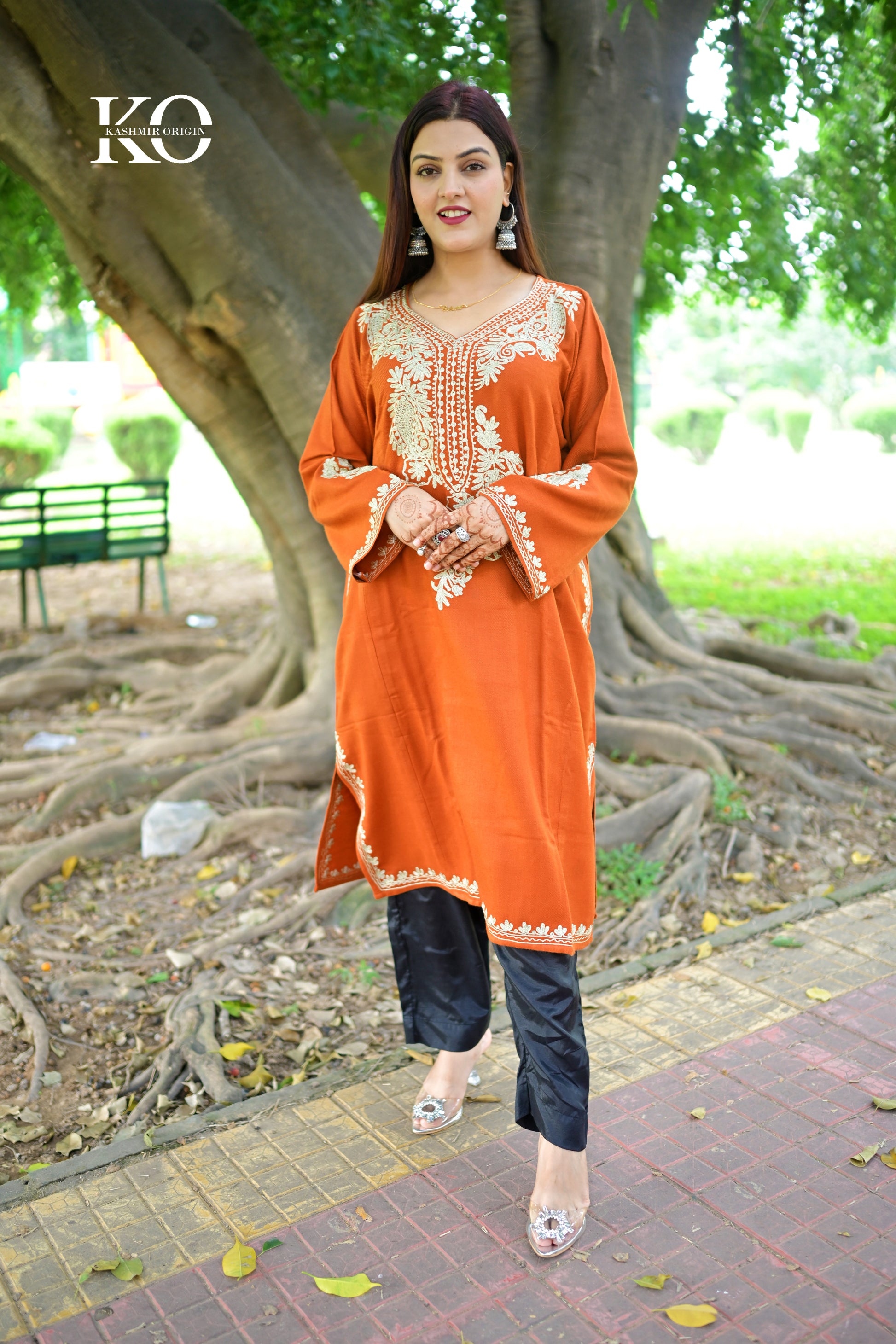 Neck Design Zari Embroidered Rust Pheran