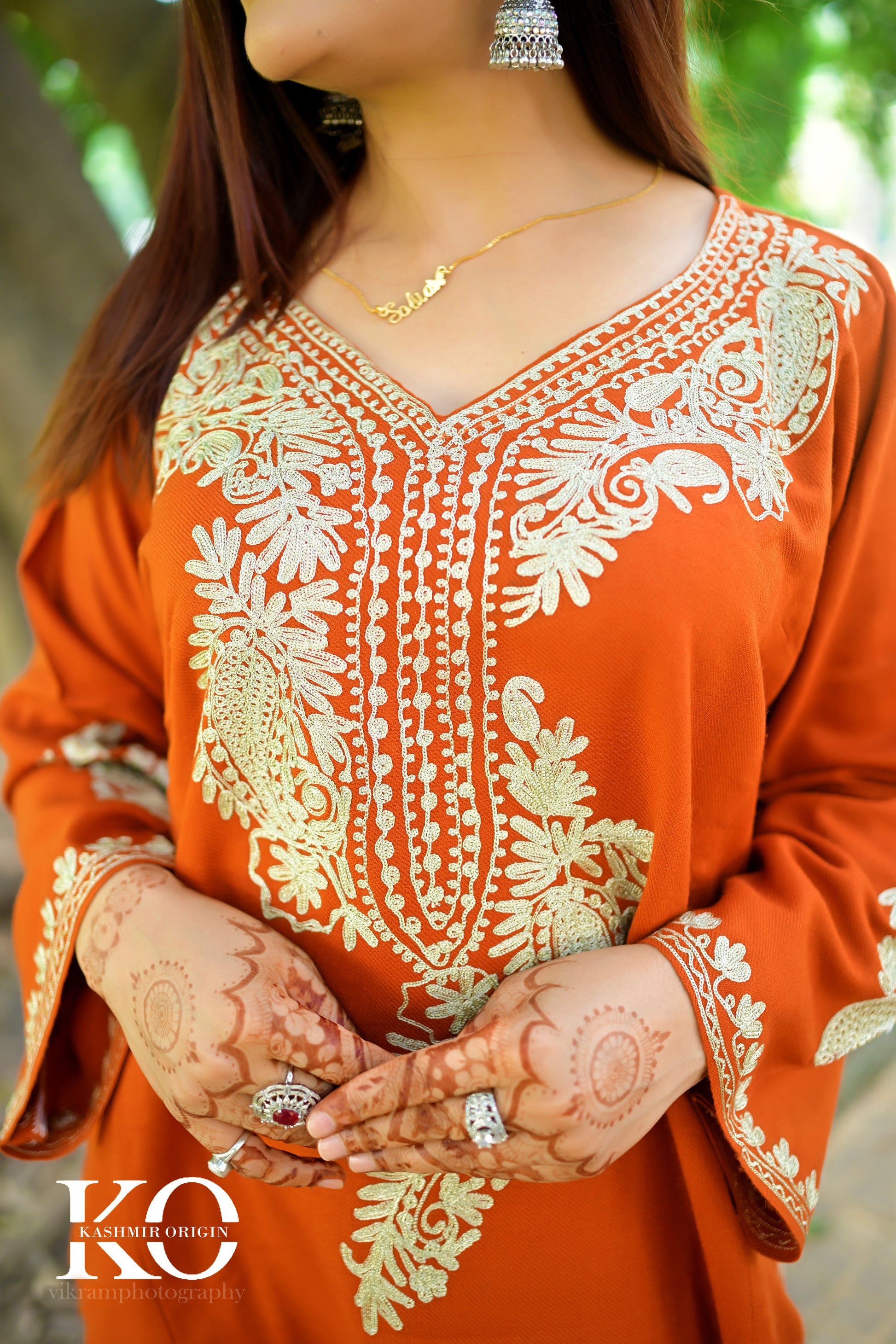 Neck Design Zari Embroidered Rust Pheran