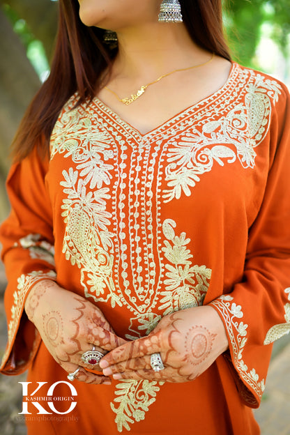 Neck Design Zari Embroidered Rust Pheran