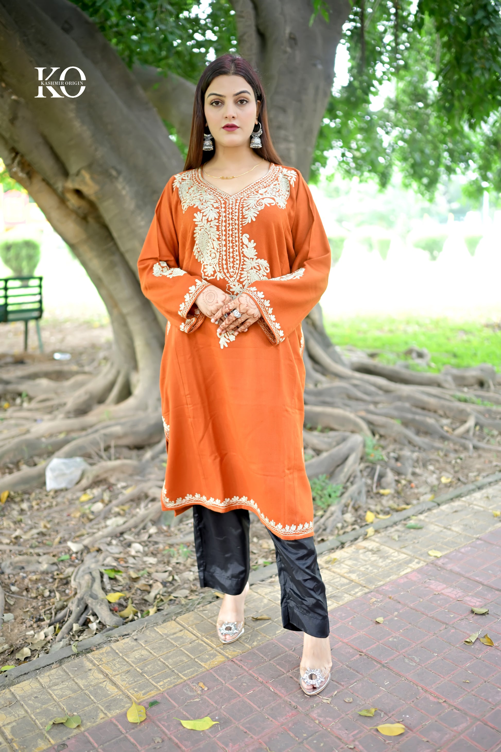 Neck Design Zari Embroidered Rust Pheran