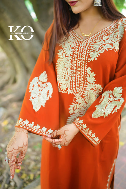 Neck Design Zari Embroidered Rust Pheran