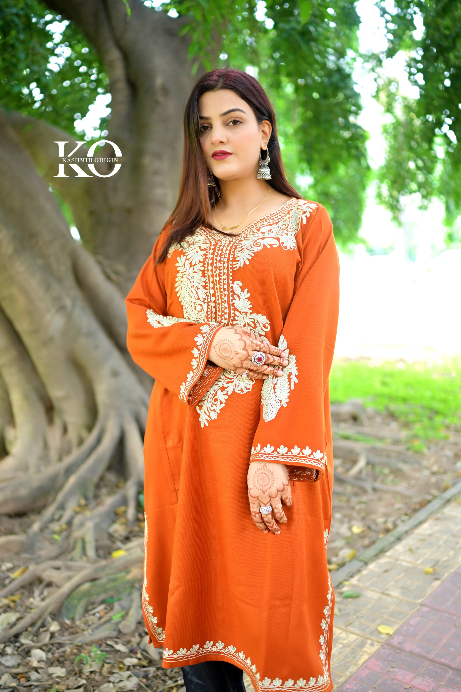 Neck Design Zari Embroidered Rust Pheran