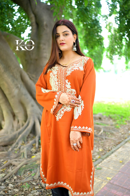 Neck Design Zari Embroidered Rust Pheran