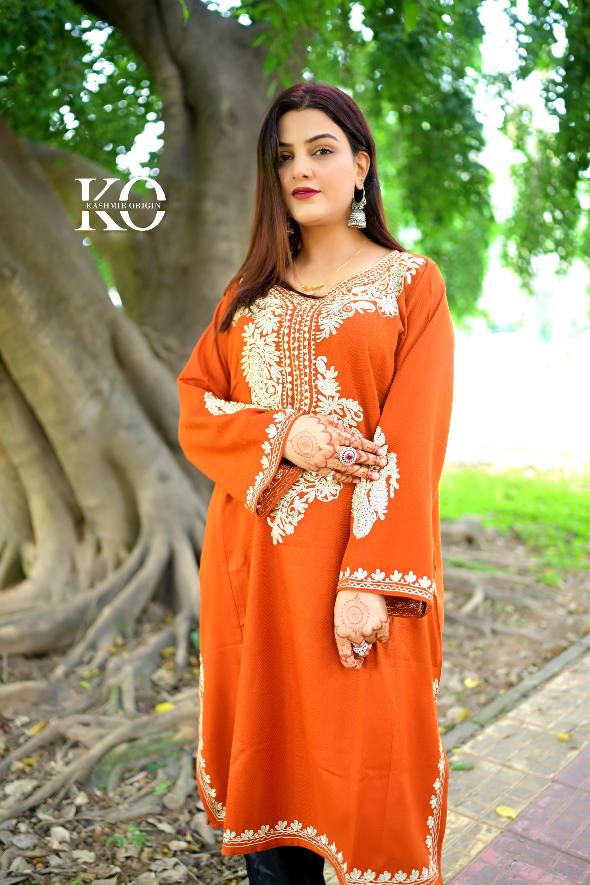 Neck Design Zari Embroidered Rust Pheran