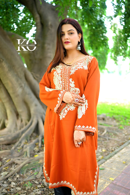 Neck Design Zari Embroidered Rust Pheran