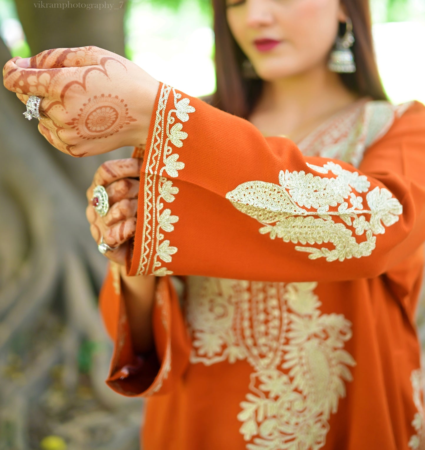 Neck Design Zari Embroidered Rust Pheran