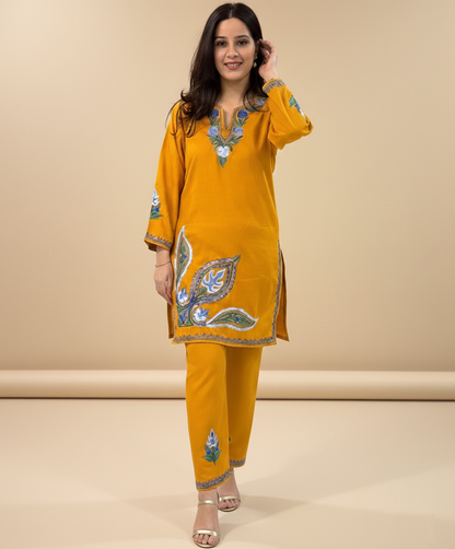 Mustard Yellow Daman Design Aari Embroidered Cotton Co Ord Set