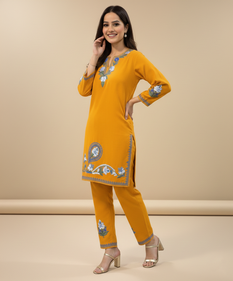 Mustard Yellow Daman Design Aari Embroidered Cotton Co Ord Set