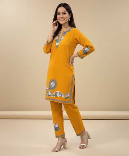 Mustard Yellow Daman Design Aari Embroidered Cotton Co Ord Set