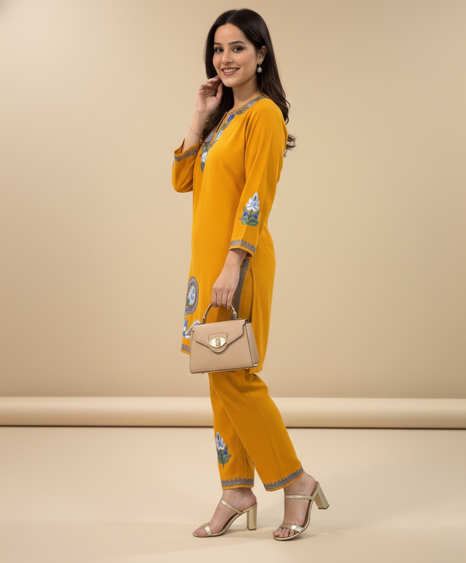 Mustard Yellow Daman Design Aari Embroidered Cotton Co Ord Set