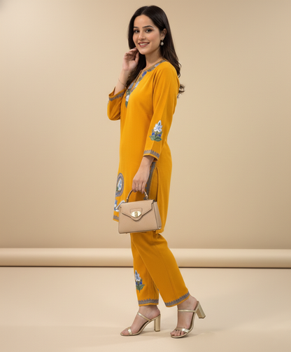 Mustard Yellow Daman Design Aari Embroidered Cotton Co Ord Set