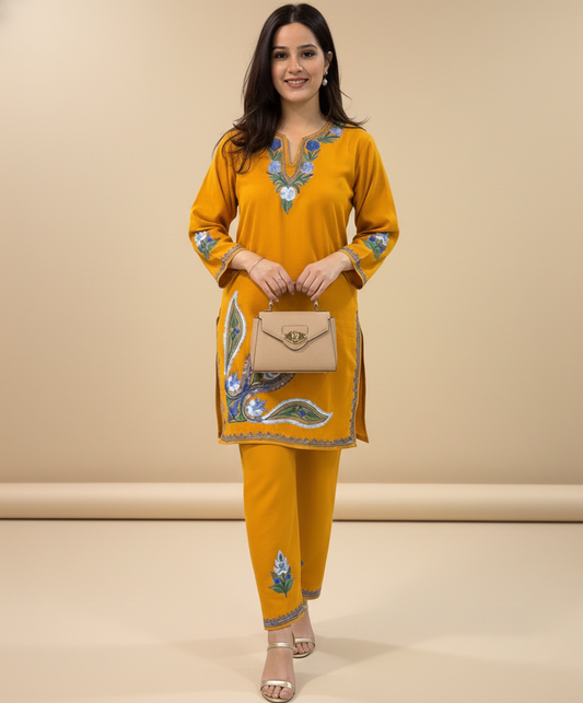 Mustard Yellow Daman Design Aari Embroidered Cotton Co Ord Set
