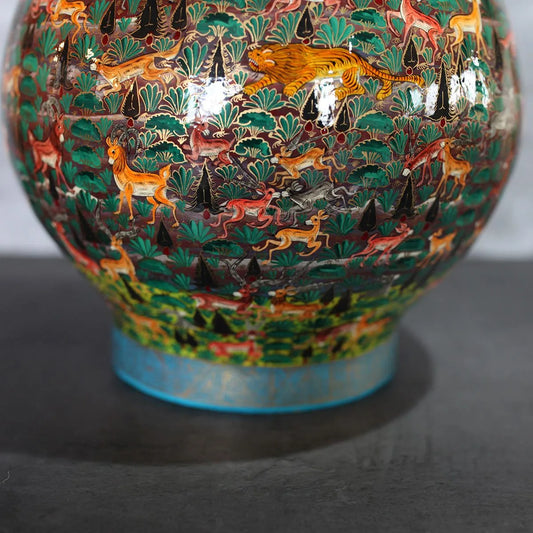 Paper Mache Round Shaped Animal Design Turquoise Flower Vase Set of 2