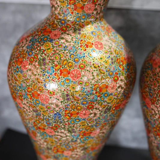 Paper Mache Floral Design Creme Base Design Flower Vase Set of 2