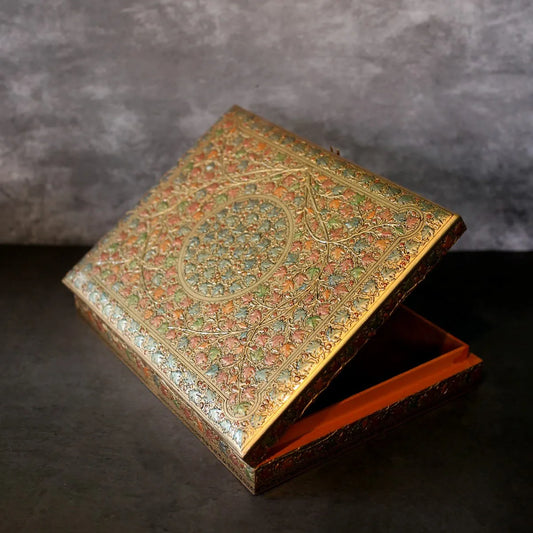 Embossed Paper Mache Chinar Design Flat Box Golden 15x12