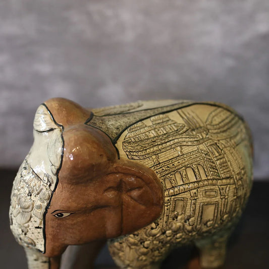Brown Embossed Paper Mache Elephant Mughal Darbar Design 14x14
