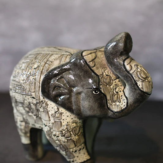 Grey Embossed Paper Mache<br> Elephant Floral Design Set Of 2 8x12