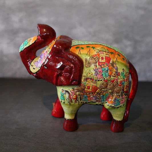 Red Embossed Paper Mache Elephant Mughal Darbar Design Set Of 2