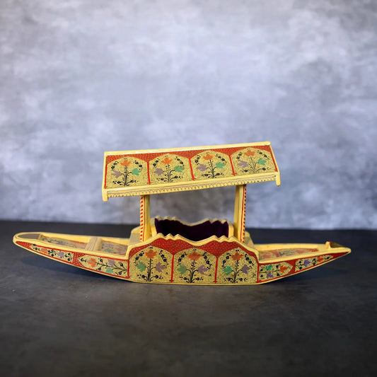 Walnut Wood Base Paper Mache Kashmiri Shikara Decor Yellow Base