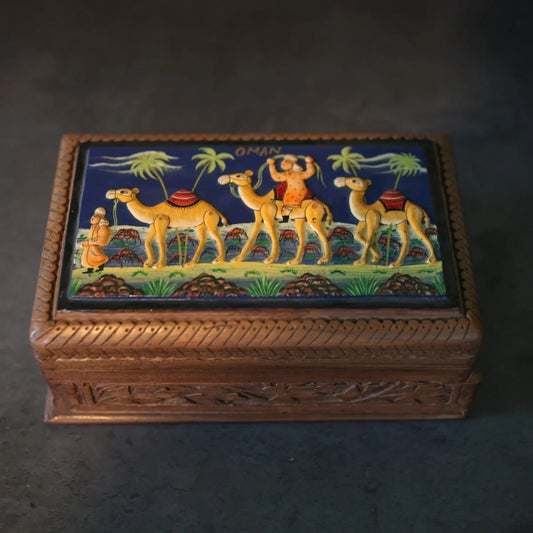 Embossed Walnut Wood Oman Camel Design Paper Mache Box 6x4.5 Inches